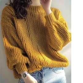 黄色高领毛衣女士冬季新款洋气粗毛线加厚上衣今年流行宽松针织衫