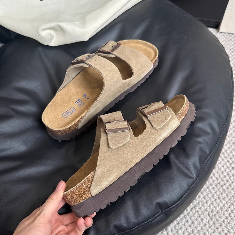 Sangpo Full Cowhide 5cm Thick-Soled Birkenstock-Style Slippers for Couples, Summer Outdoor Wear, Genuine Leather Cork Birkenstock Sandals