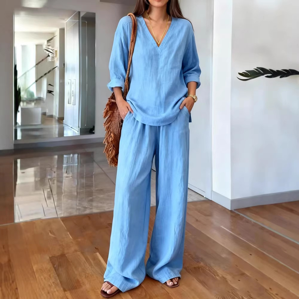 Damen-Loungewear-Set aus gewaschener Baumwolle, bestehend aus einem langärmeligen Oberteil mit V-Ausschnitt und einer bequemen Hose, weiches, lässiges Zweiteiler-Outfit_voghion.com
