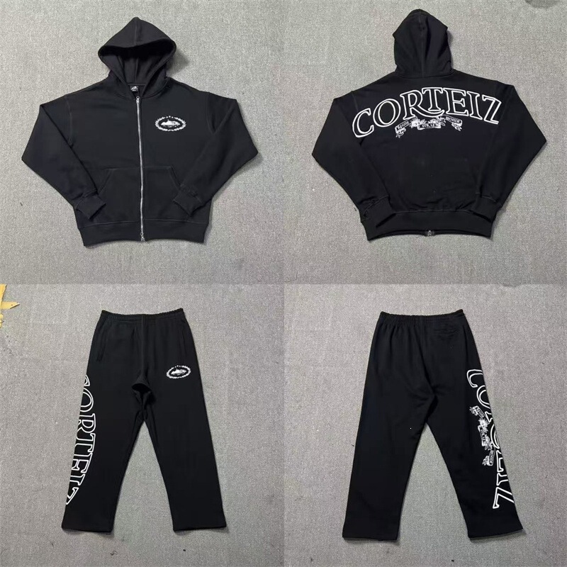 Corteiz Alcatraz Print American Streetwear Casual Zip-Up Hoodie High Street Casual Pants Set in Stock