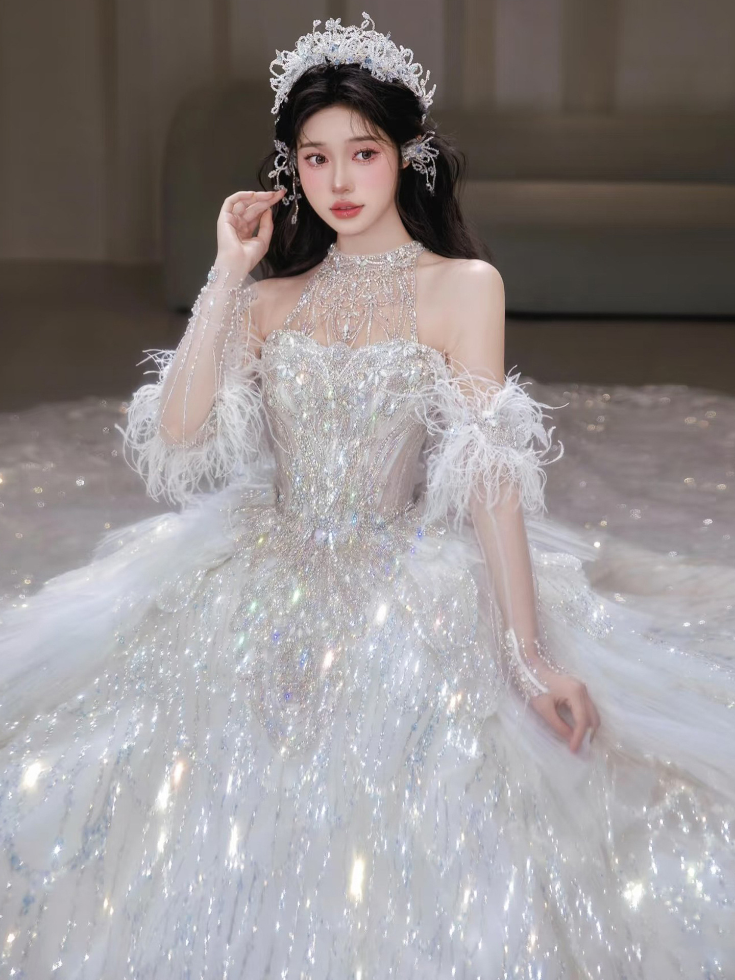 Halter neck light luxury wedding dress bride 2025 new main yarn…