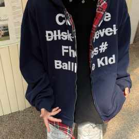 国潮美式假两件拼接格子连帽卫衣男士秋冬季宽松休闲情侣开衫外套