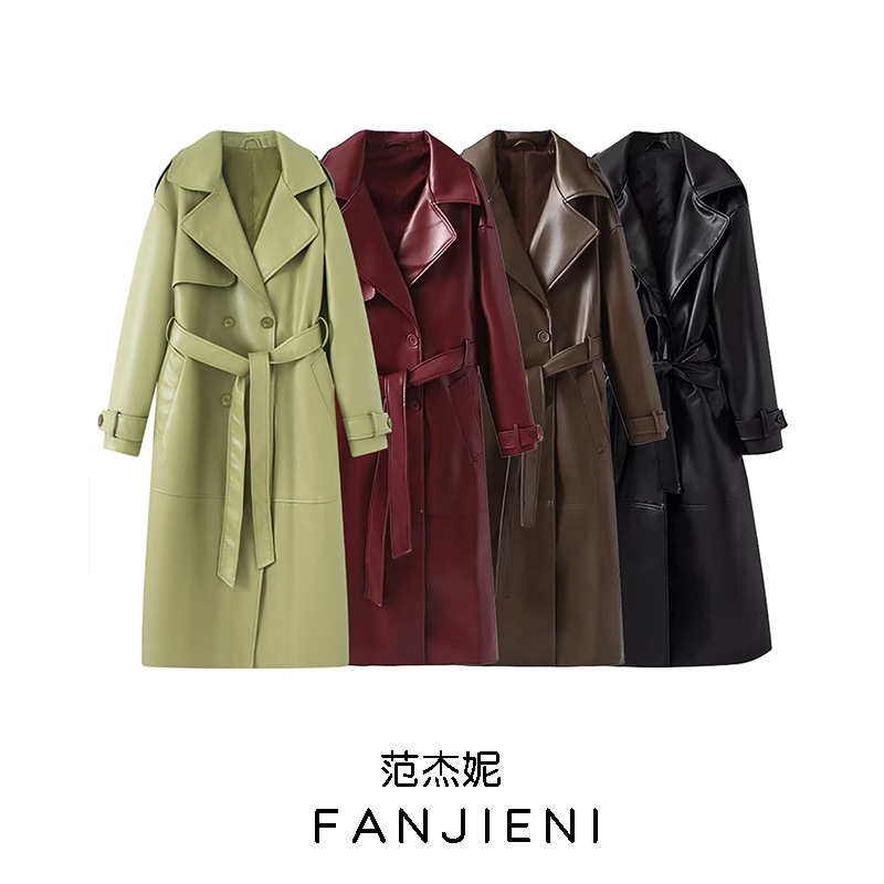 Zr Foreign Trade Wholesale European and American Style Women's Clothing French Fashion Pure Color Elegant Slim Long Leather Windbreaker with Belt Design