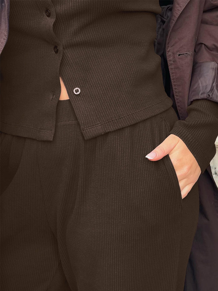 Bộ đồ dệt kim nữ sọc gân dài tay gồm áo cardigan cổ bán cao cài nút và quần dài — Màu nâu, Màu trắng ngà, Màu xám đậm chi tiết 45