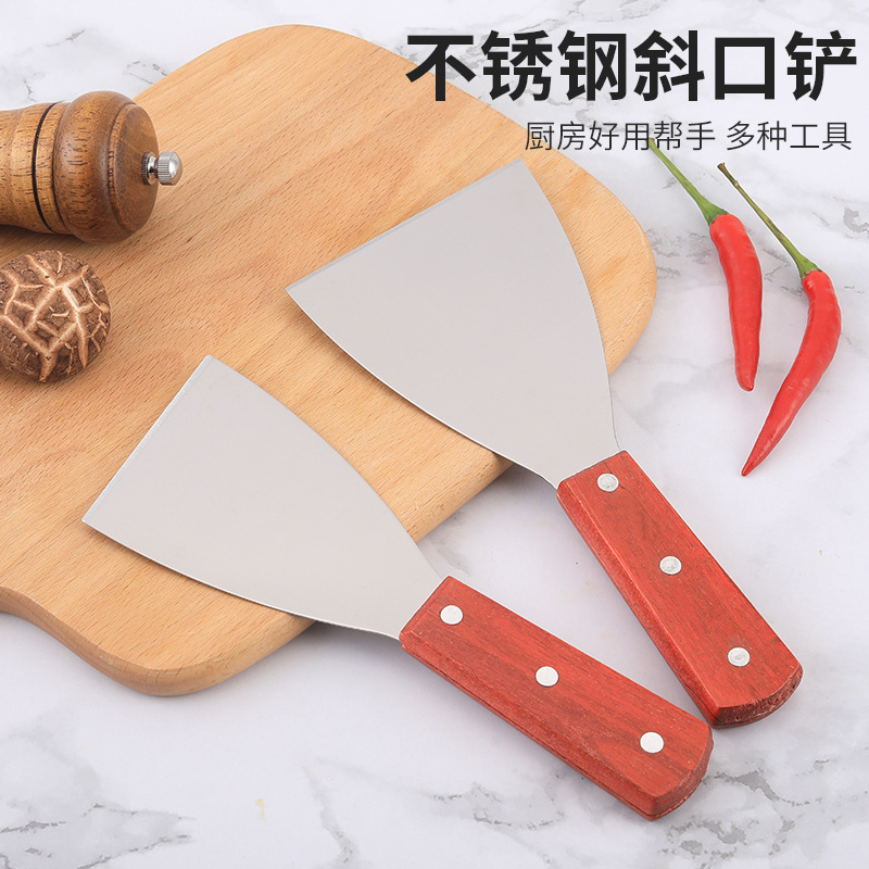 Mango de madera de acero inoxidable pala oblicua teppanyaki freír y hornear fideos fríos pala cuchillo cocina japonesa panqueque fruta hornear pala de limpieza