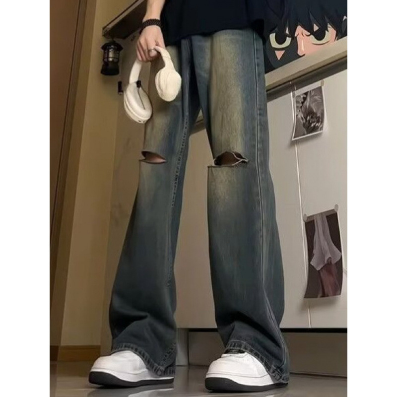 American-Style Vintage Washed Design Ripped Jeans for Men, Summer Trendy Brand Straight Loose Wide-Leg Floor-Length Pants