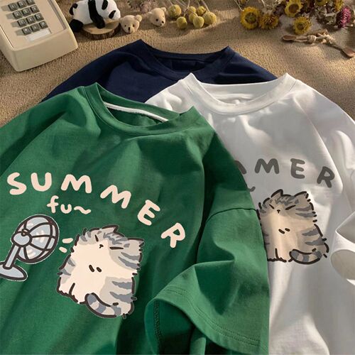 Pure cotton drop-shoulder summer new round neck short-sleeved t-shirt for women, Japanese cute cat print loose and versatile top