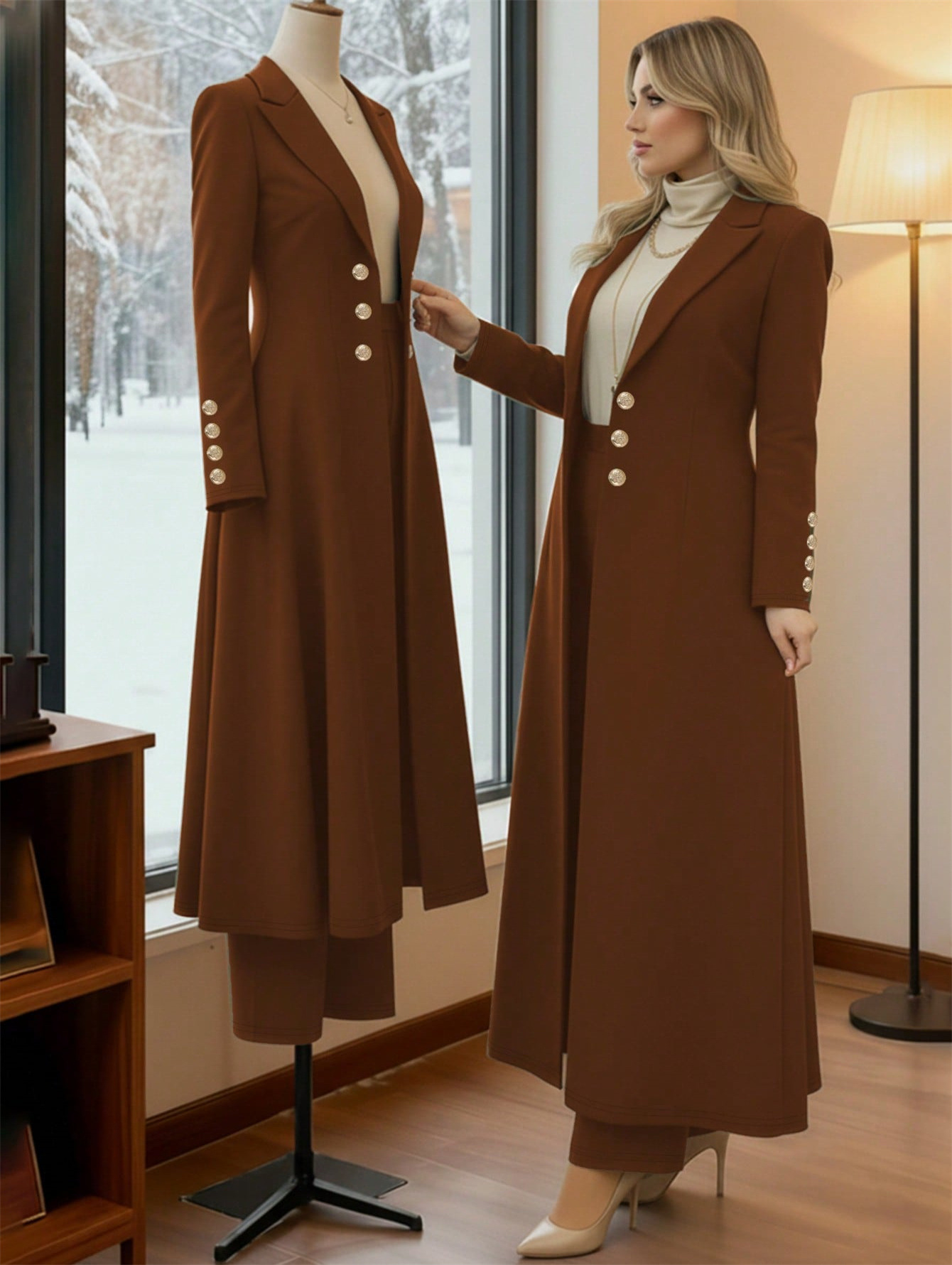 Plus Size Elegant Retro Style Suit Coat Casual Straight Leg Trousers Waist Cinching Long Coat Set_ecoleips.com