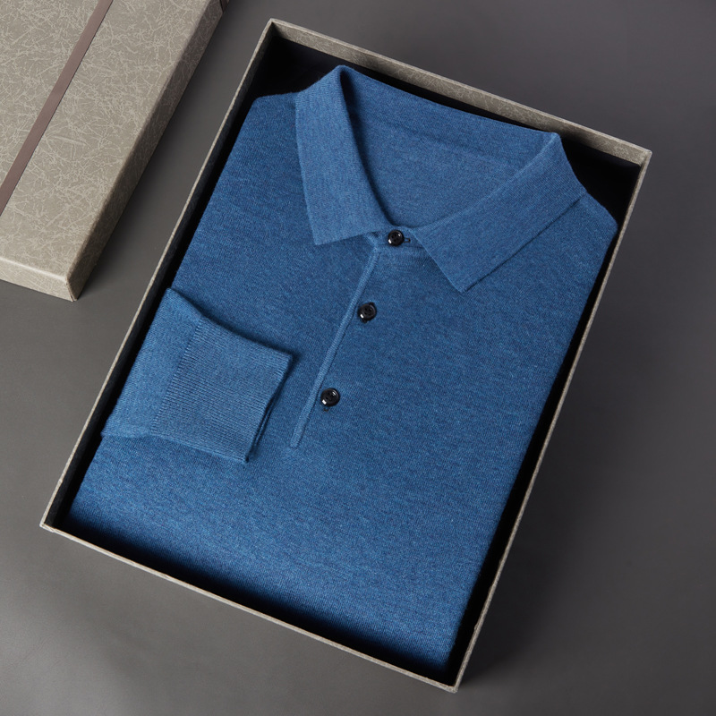 Suéter de lana para hombre 2025 Primavera y otoño Camiseta fina de manga larga para personas jóvenes y de mediana edad Suéter tipo polo de color puro con solapa de 6 lanas para hombres