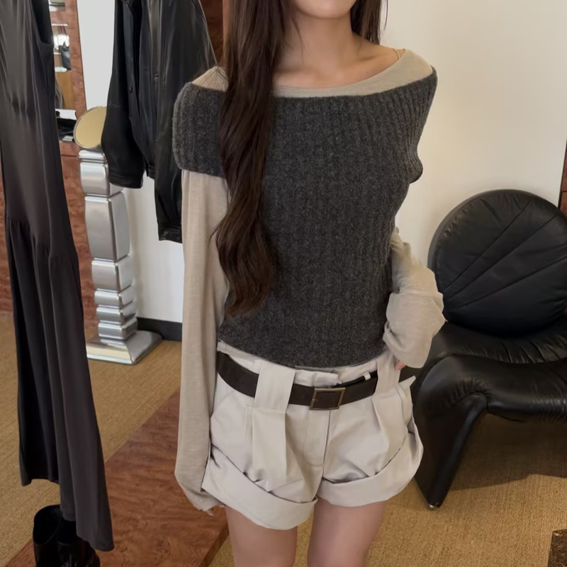 Xh Korean-Style Design Off-Shoulder Knit Short-Sleeve Top, Dongdaemun Autumn New Solid Color Slim-Fit Slimming Top