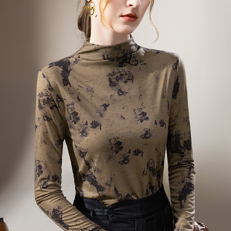 Camisa de fondo de cuello alto de las mujeres 2023 nuevas mujeres vintage impreso estilo occidental pequeña camisa elegante Cintura interior apretada superior image 7