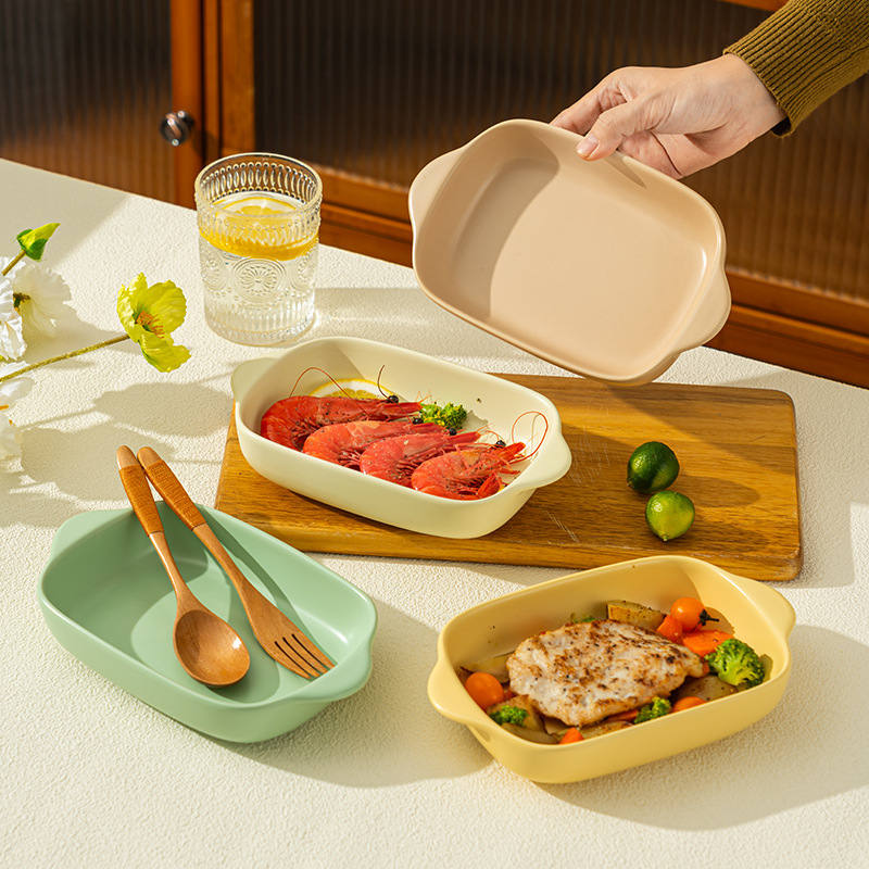 Nordic style ceramic binaural baking pan restaurant household microwave oven cheese baked rice plate ceramic baking pan baking bowl salad bowl Nordic style ceramic binaural baking pan restaurant household microwave oven cheese baked rice plate ceramic baking pan baking bowl salad bowl
