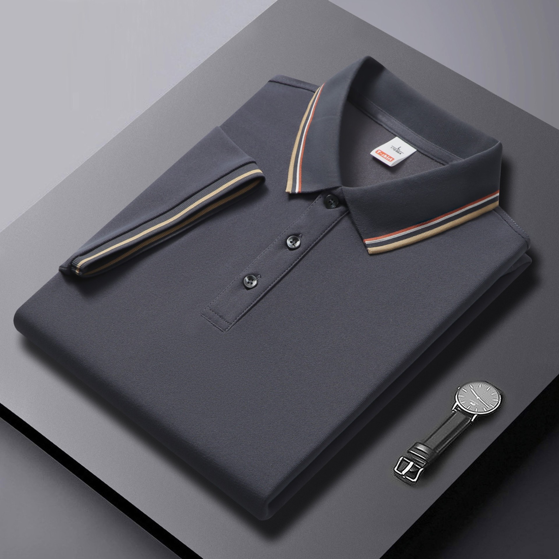 2025 verano fresco, transpirable, ligero, lujo, fragancia, algodón de imitación, solapa de color sólido, camisa POLO en vivo, camiseta de manga corta