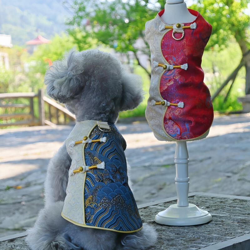 Bichon Dog Clothes, New Chinese-Style Tang Suit, Thin Version, New Year's Greeting Outfit, Hanfu for Small Dogs Like Teddy, Wedding Hanfu