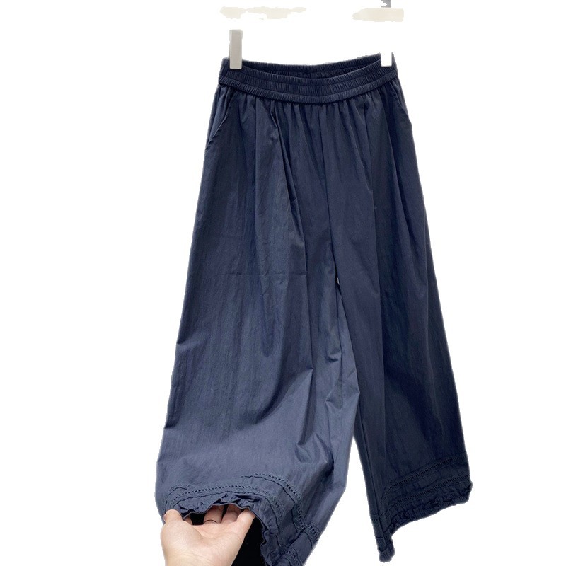 Spring and summer 2025 new wooden ear lace stitching cropped casual pants women's Korean solid color elastic waist straight pants