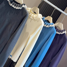 蕾丝拼接荷叶边领长袖针织衫女2025秋冬新款修身显瘦气质打底上衣