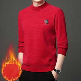2022冬季新款男士雪尼尔针织衫字母刺绣半高领加绒加厚打底毛衣男