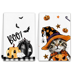 Halloween万圣节厨房毛巾欧美45*66加厚加长节日南瓜毛巾印花抹布