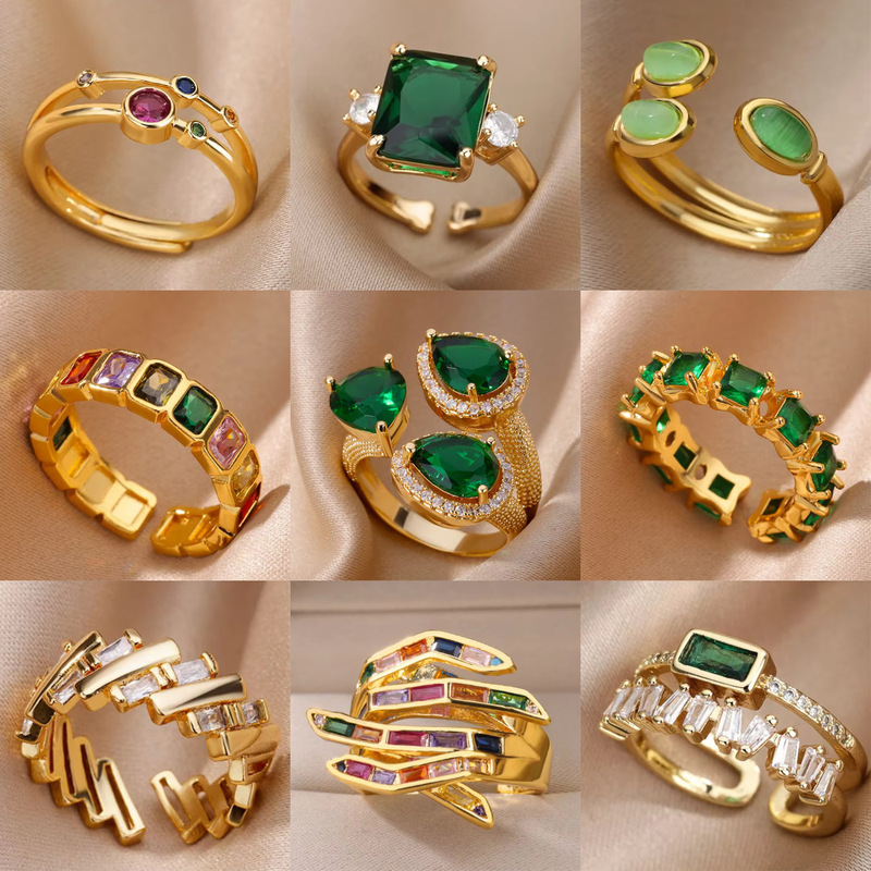 Cross-border Light Luxury Retro Style Green Zircon Open Ring 18K Gold Plated Emerald High-grade Finger Ring Jewelry Cross-border Light Luxury Retro Style Green Zircon Open Ring 18K Gold Plated Emerald High-grade Finger Ring Jewelry