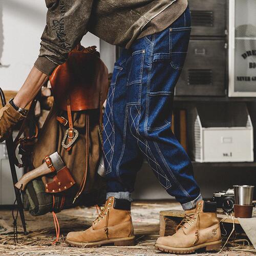 American Retro Workwear Jeans for Men - Autumn/Winter New Trend Brand Loose Topstitch Double Knee Logging Straight Leg Pants for Men