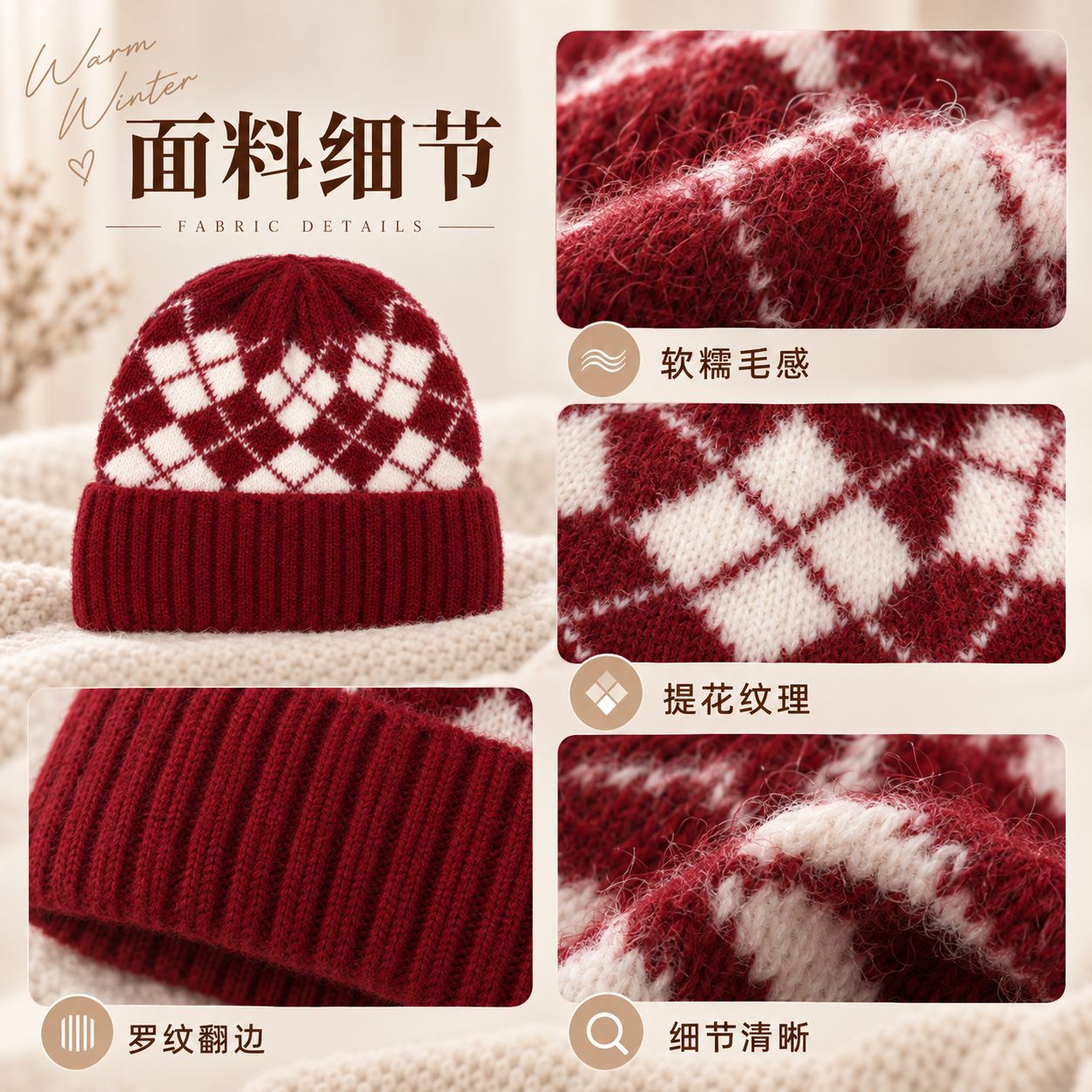秋冬毛线帽子韩版大头围方格针织帽女时尚加厚护耳包头滑雪帽工厂