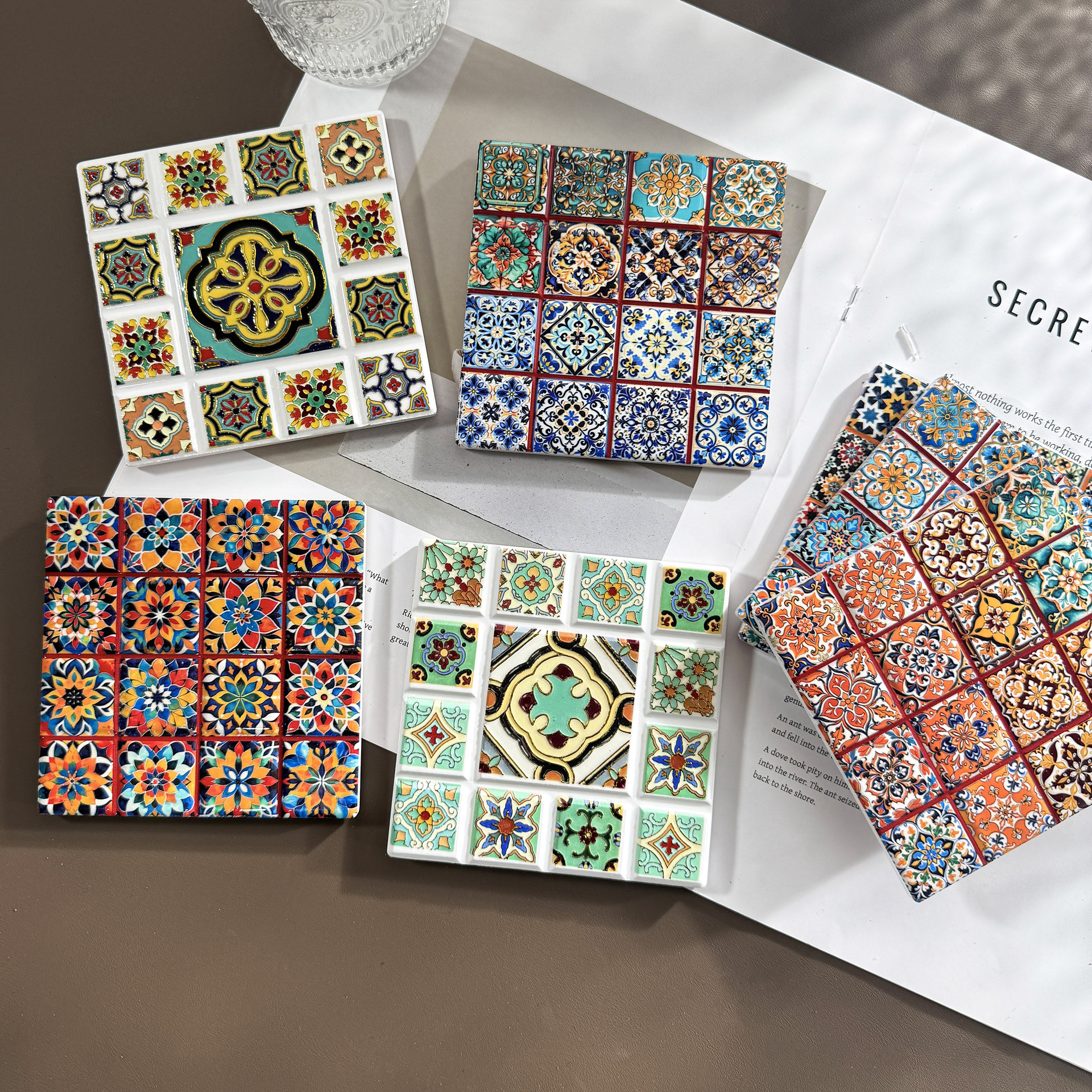 Posavasos de corcho con forma de chocolate 3D en relieve y estampado en caliente – estilo retro étnico, venta transfronteriza.