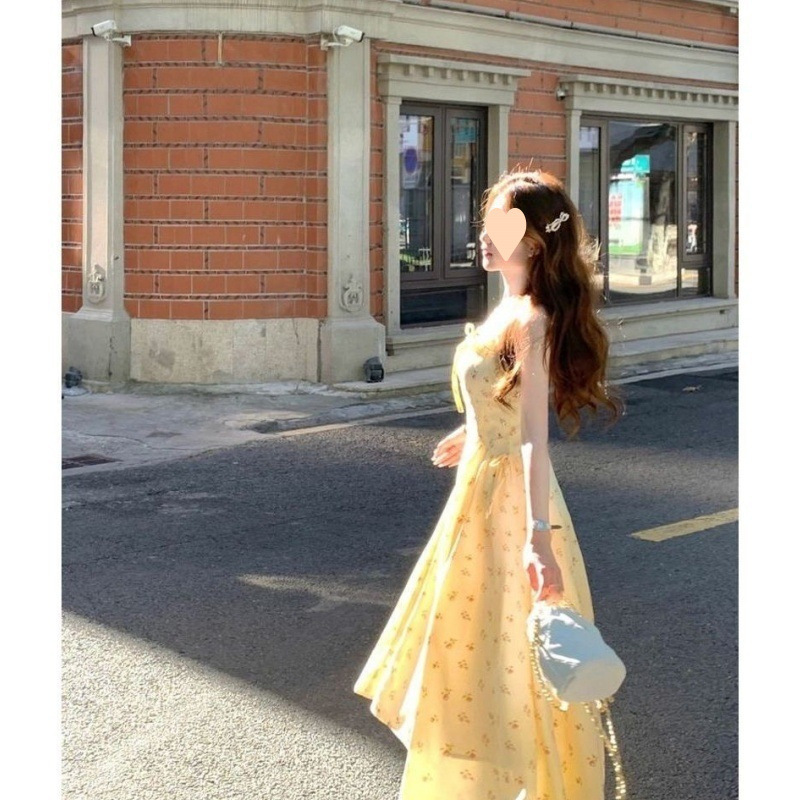 French Milky Yellow Elegant Suspender Dress for Women 2025 Summer Beautiful Petite Long Skirt Cardigan Long-Sleeved Suit