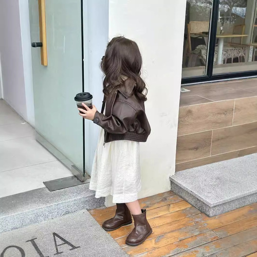 Children's leather jacket 2025 spring new small and medium children's denim jacket for girls short-sleeved leather outerwear trendy