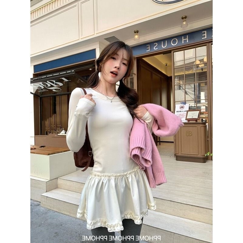 Base Layer with Velvet Round Neck Long-Sleeve T-Shirt Spliced with a Small Ruffle Dress Base Layer T-Shirt for Women