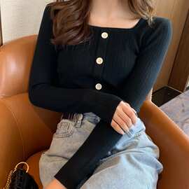 方领打底衫女装2021春秋季新款修身显瘦时尚针织上衣长袖紧身毛衣