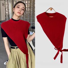 女性用ニットショール、2025年春秋の新作、高級感のある三角斜めエッジショール、小さなチョッキと重ね着けるベスト付き