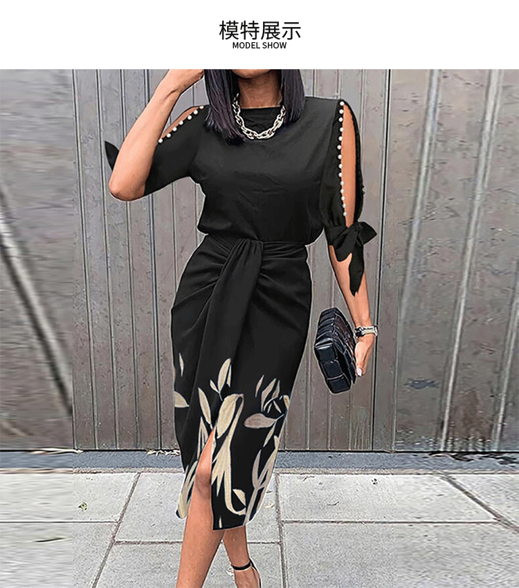 printing hollow lace-up pleated slit dress NSHHF119183