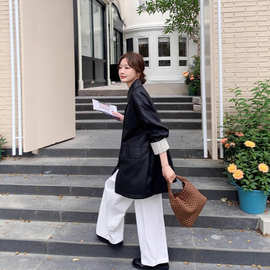 黑色韩系高级感翻领PU皮衣外套女春秋2025新款又A又飒复古中长款