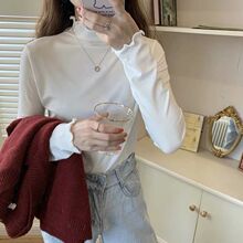 薄款/加绒新款春秋季木耳边女学生半高领打底衫长袖T恤上衣女内搭