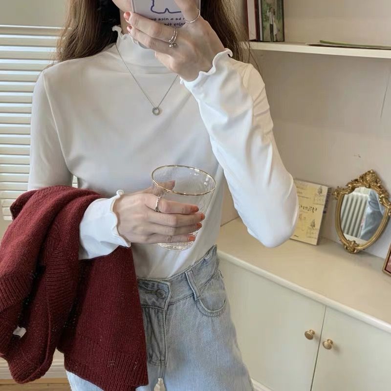 薄款/加绒新款春秋季木耳边女学生半高领打底衫长袖T恤上衣女内搭
