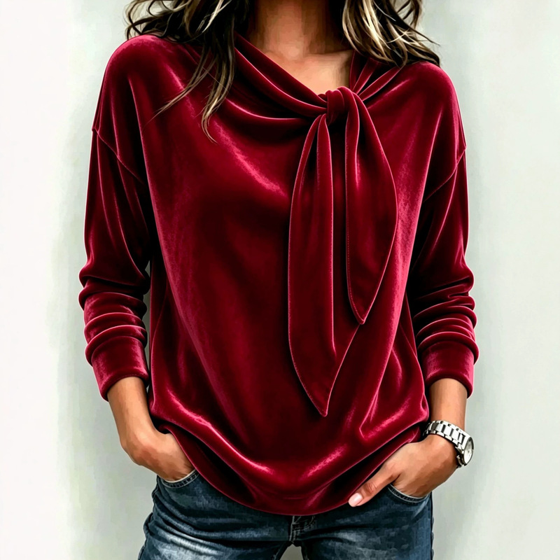 2026 European and American foreign trade Amazon velvet bow sweater, new autumn and winter cross-border solid color women's sweatshirt 2026 European and American foreign trade Amazon velvet bow sweater, new autumn and winter cross-border solid color women's sweatshirt