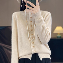 批发圆领流苏100纯羊毛开衫女多扣长袖外套毛衣宽松百搭羊毛针织