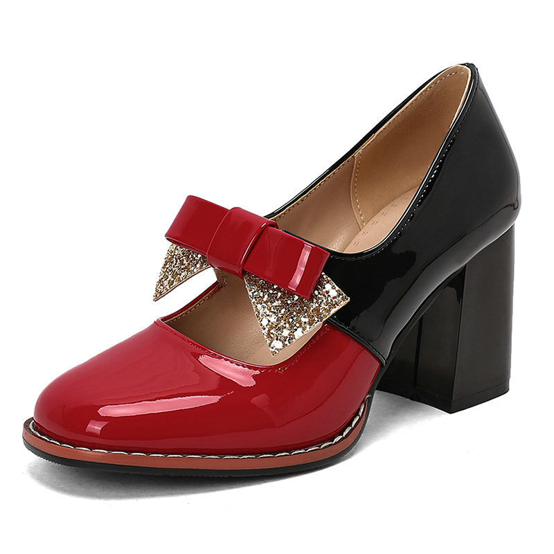 Mary Jane Women's Shoes Patent Leather Color Matching Square Toe Thick Sole Thick Heel High Heel Sequin Bow One-Leg High Heel Women's Shoes