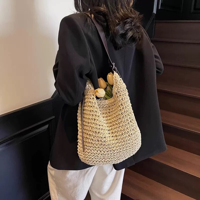 慵懒风松弛感编织包包海边度假托特草编包大容量单肩包编织沙滩包|undefined