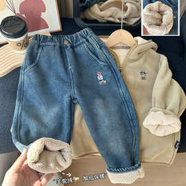 2024新款冬款男童儿童加绒加厚保暖一体绒牛仔棉裤牛仔裤批发裤子