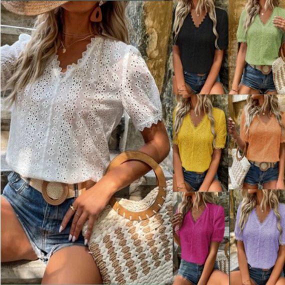 Summer New Amazon Ebay Independent Station European and American V Neck Pure Color Cut Out Lace Short-Sleeved Shirt Cross-Border Ready Stock