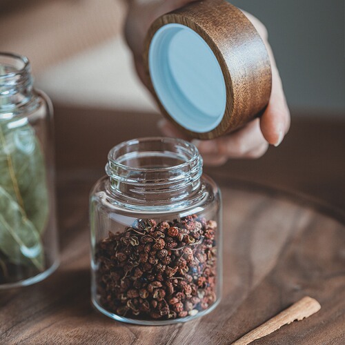 Small threaded wooden lid sealed glass jar B&B household tea jar coffee beans grains spice storage storage bottle