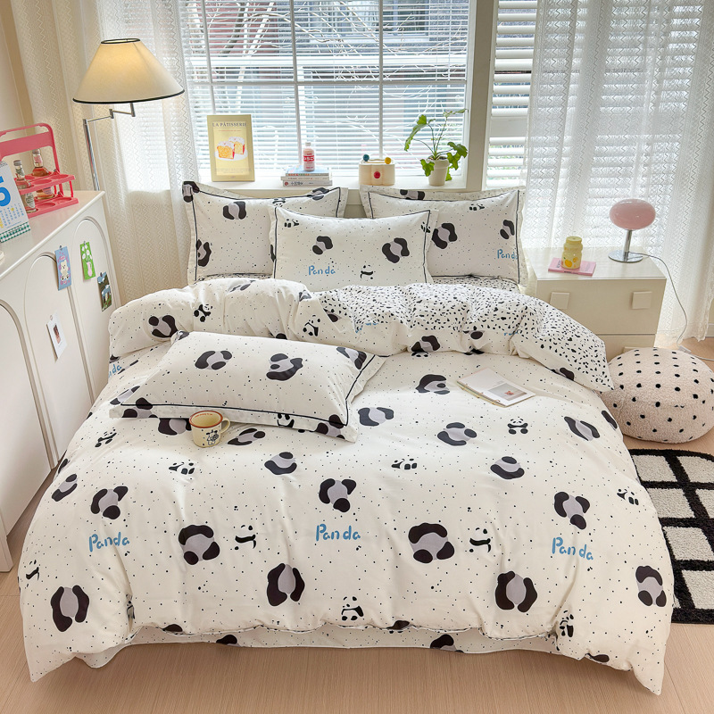 Cama de algodón fresco pequeño conjunto de cuatro piezas de algodón dibujos animados impresos cubierta de edredón dormitorio de estudiantes un solo conjunto de ropa de cama de tres piezas en