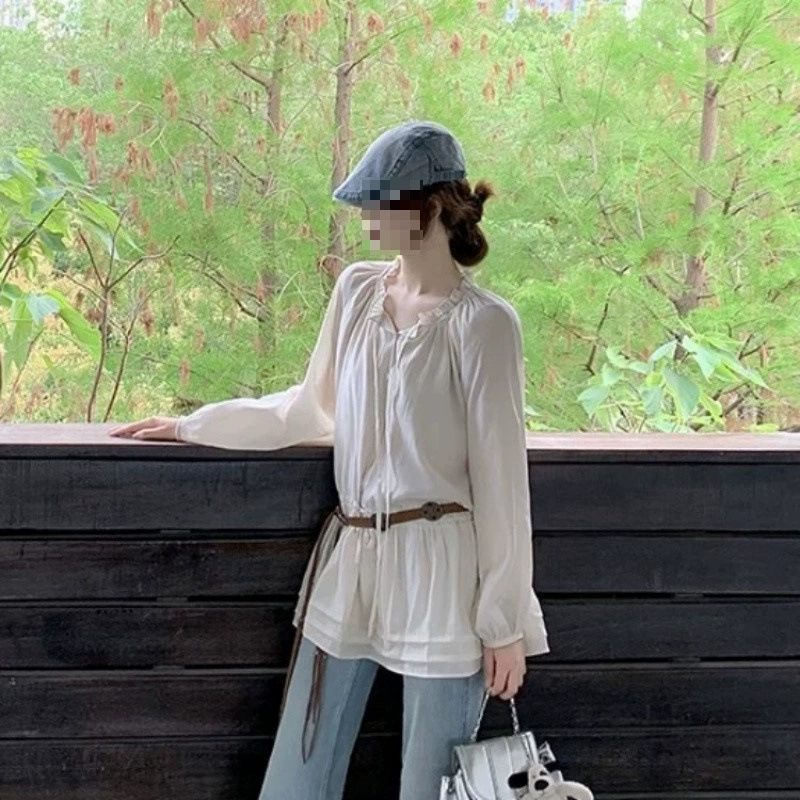 YS8 милая ретро-рубашка с длинными рукавами и рюшами для защиты от солнца для женщин, новый весенне-летний многослойный короткий стиль с завязками.