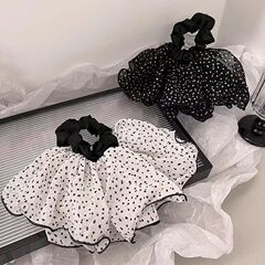 新しい夏の黒と白の水玉模様のスカートヘアゴム二層プリーツメッシュヘッドバンドヘアゴム気質ポニーテールヘアロープ