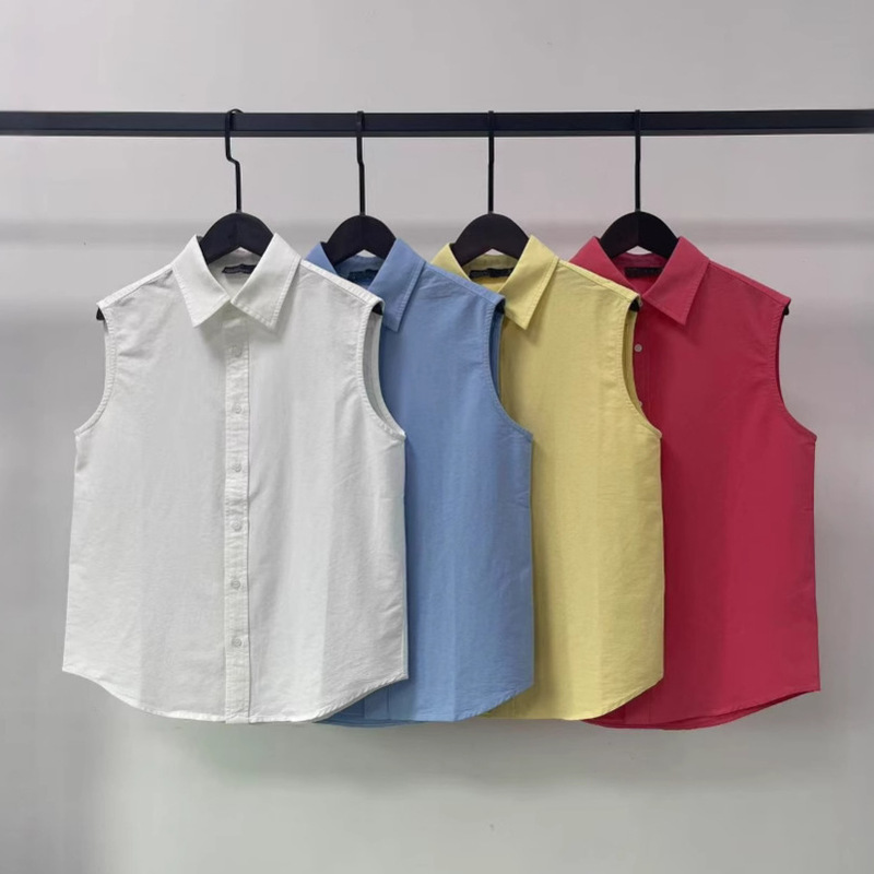 25 Summer Women's Pure Cotton Sleeveless Vest Shirt Solid Color Pony Embroidered Cardigan Top Loose Casual Shirt Women
