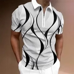 2024 venta caliente simple color de contraste corrugado impresión 3D hombres de negocios ancho de hombro ancho ancho de manga corta transpirable camisa POLO con cremallera