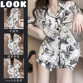 新款睡衣女中式国风水墨画高级夏天开衫休闲短袖短裤家居服套装夏