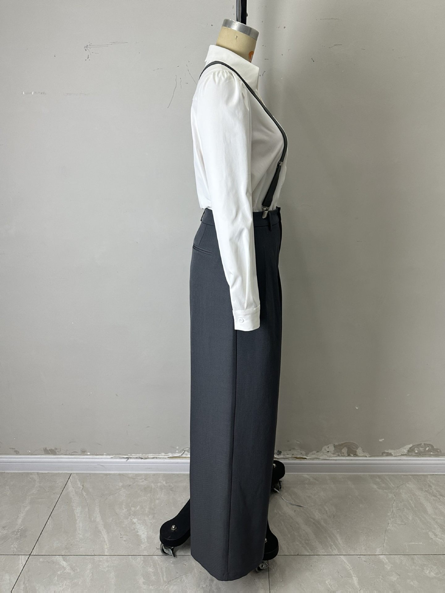 Artistic White Collared Long Sleeve Shirt Matching Gray Suspender Pants Two Piece Elegant Sets 10 Artistic White Collared Long Sleeve Shirt Matching Gray Suspender Pants Two Piece Elegant Sets