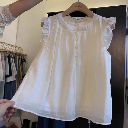 Korean-style niche blue women's summer lazy wood ear edge sleeveless blouse French round collar pleated small flying sleeve top